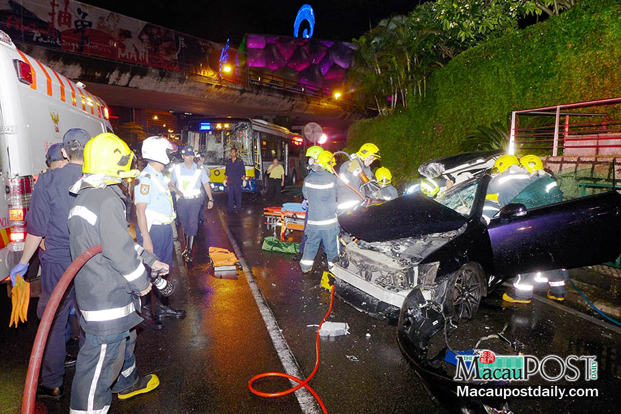 Skidding bus rams car  in opposite lane