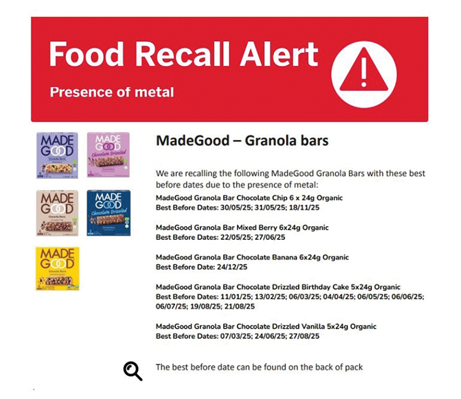 MadeGood granola bars may contain metal pieces: IAM